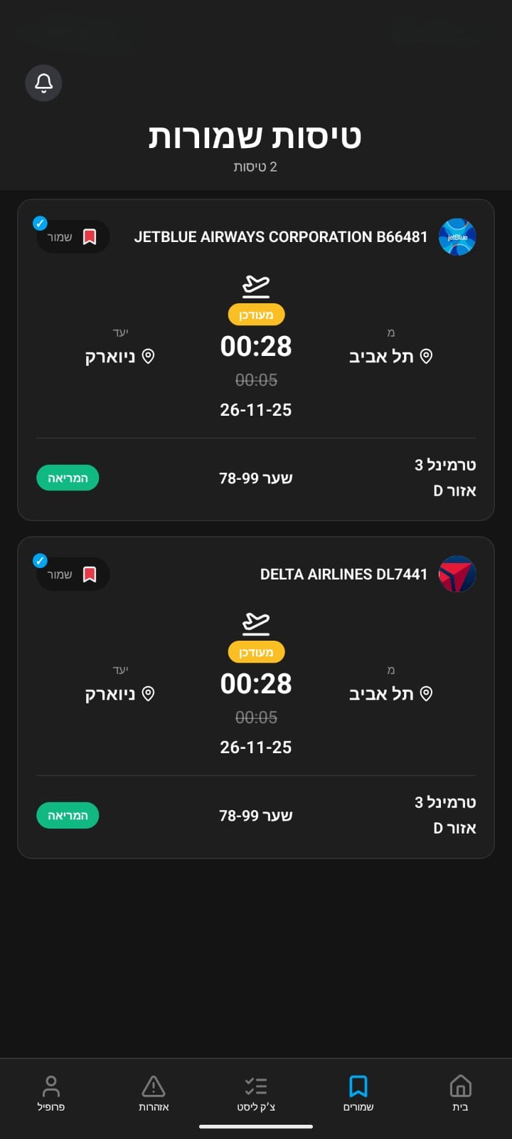 מסך פרטי טיסה באפליקציה